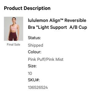 Lululemon Bra - light support A/B cup